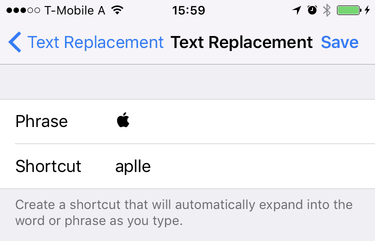 Enter a shortcut that will be replaced with the Apple symbol under "Shortcut"