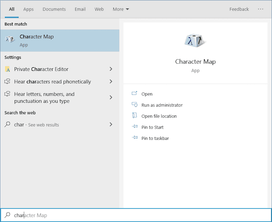 Open the Character Map application