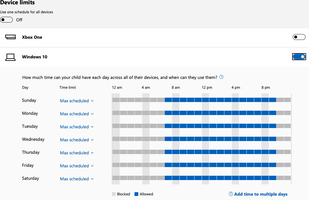 For each day, choose the number of hours of allowed screen time in front of a PC or Xbox respectively