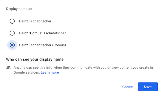 Choose how you want your name and nickname to show on Google Docs