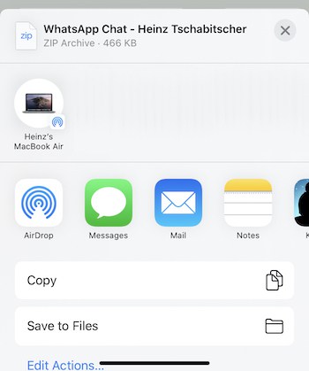 Choose how to save the exported chat data using the iOS sharing sheet