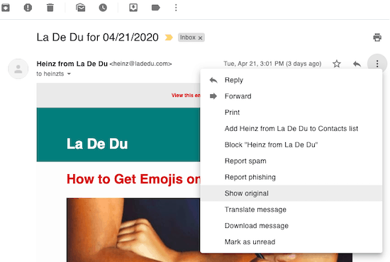 How to View an Email Source in Gmail: Click Show Original