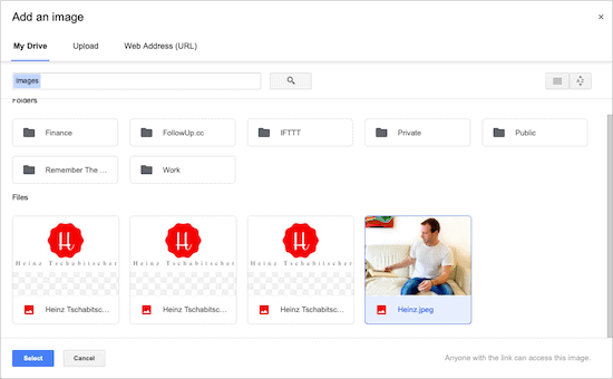 Choose an image from Google Drive for your Gmail signature, for instance