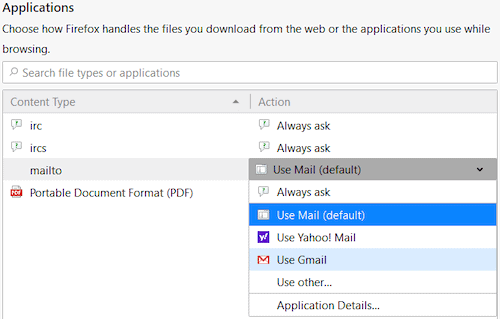 Pickt the default email program for Firefox