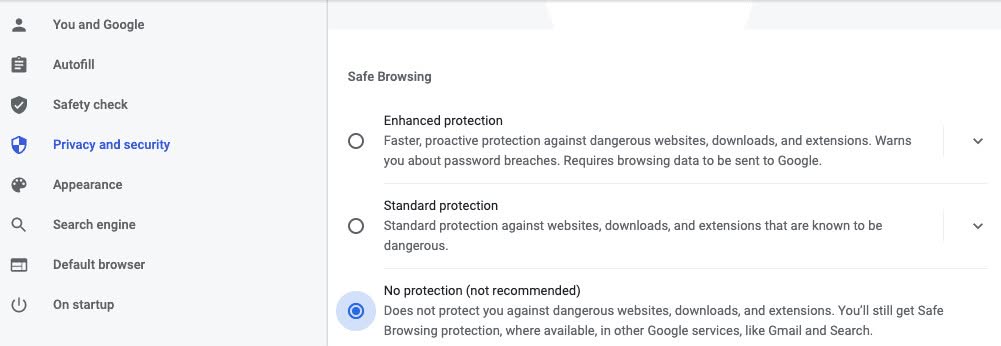 Chrome settings with Safe Browsing disabled