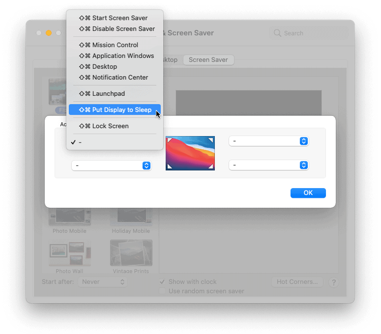 Set up a hot corner to turn off the screen on a Mac without sleeping it