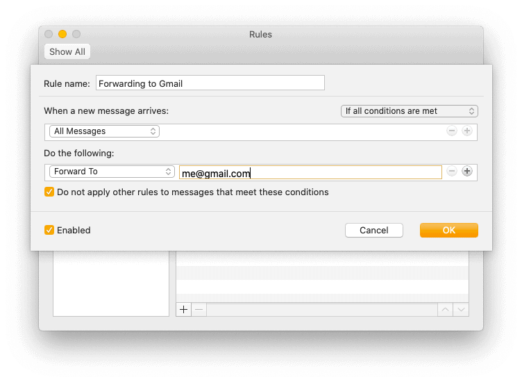 Enter the Gmail adress to fotward from Outlook for mac to Gmail automatically