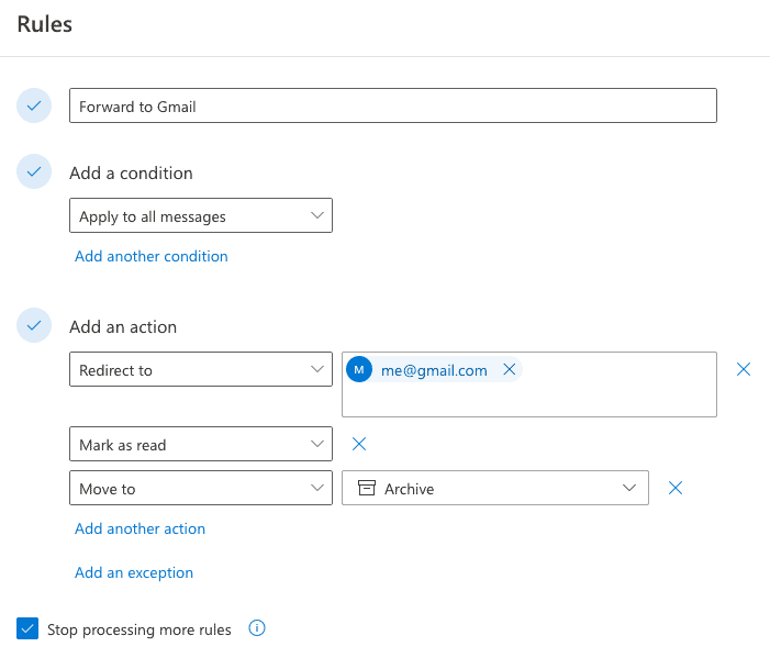 Forward from Outlook on the Web to Gmail using a rule