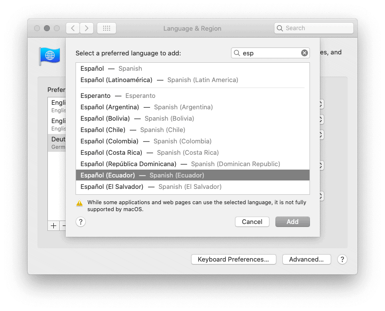 Highlight the languages you want to add to macOS and click "Add"
