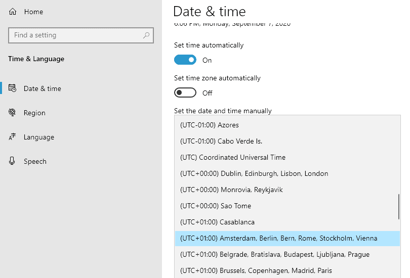 Set the time zone manually in Windows 10