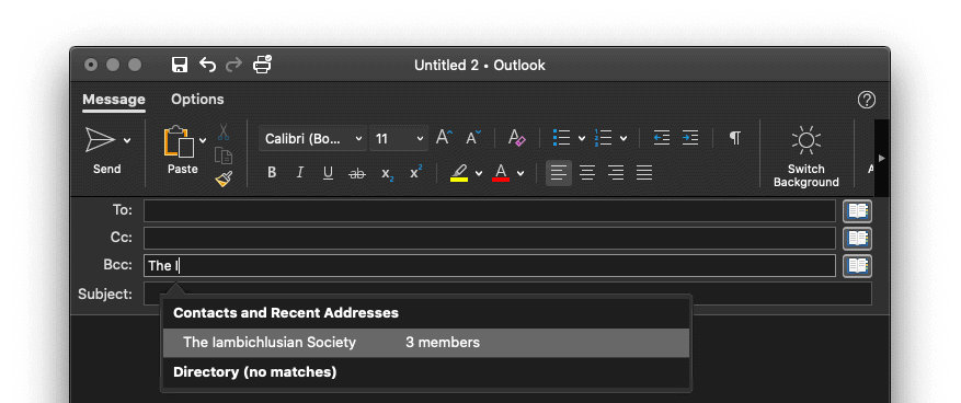 Use auto-complete to send to a distribution list in Outlook for Mac