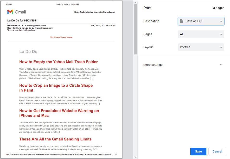 Save Gmail email as PDF using the print dialog