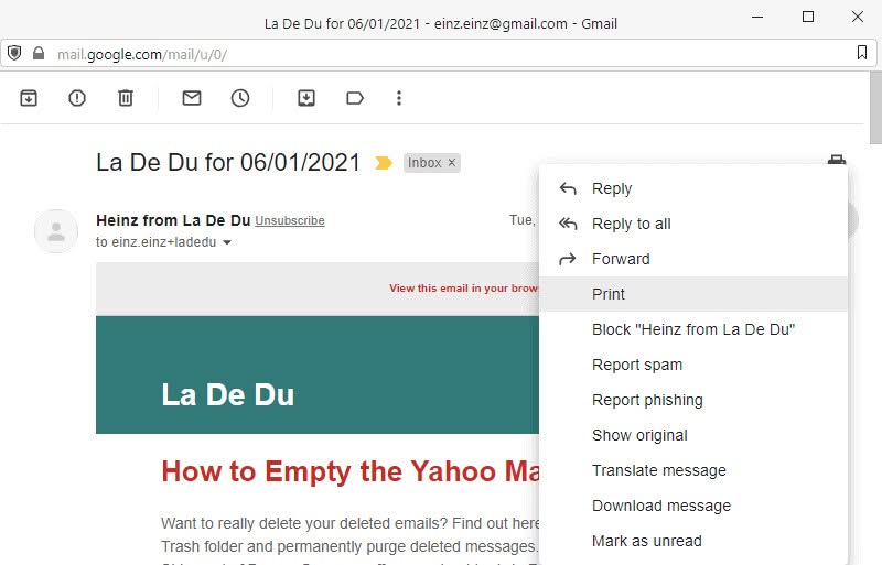 Select "Print" for the message you want to save in Gmail