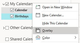 Select "Overlay" to see Outlook calendars in a combined view