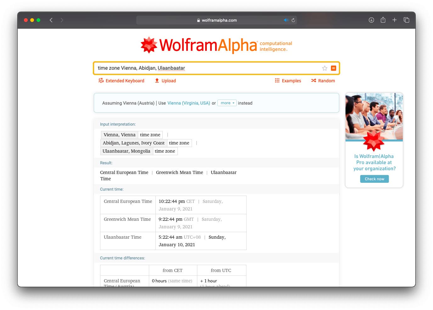 WolframAlpha time zone information