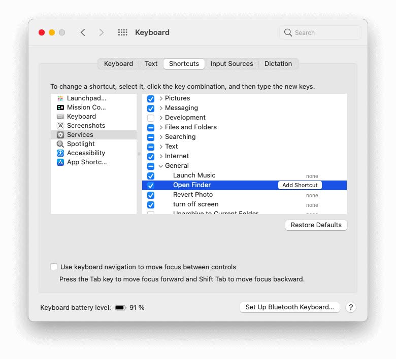 Click "Add Shortcut" to finish setting up your "Open Finder" keyboard shortcut
