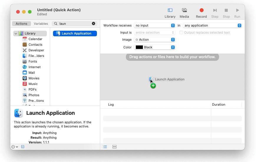 Drag and drop "Launch Application" to the Finder shortcut workflow on the right