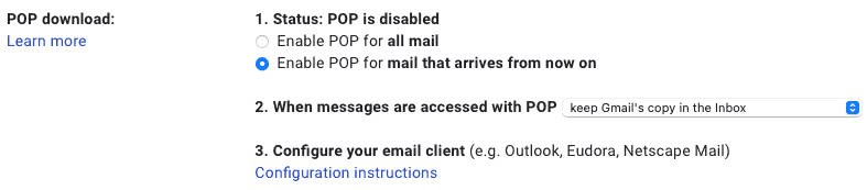 Enable POP in Gmail for all new emails
