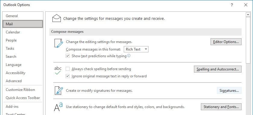 Select “Signatures…” in the “Outlook Options” dialog