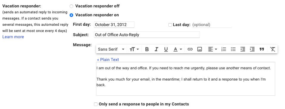 Setting up an out of office auto-reply in Gmail