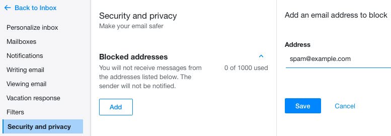 Click "Save" to block an email address in Yahoo Mail using the blocking list