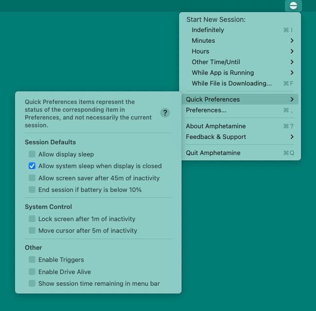 Amphetamine menu with easy choices for keeping a Mac from sleeping