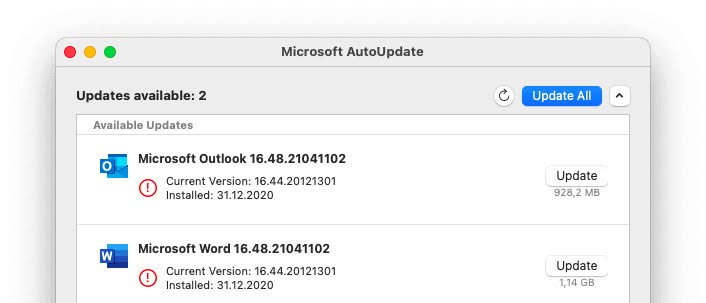 Click "Update" for Outlook to update Outlook for Mac using Microsoft AutoUpdate