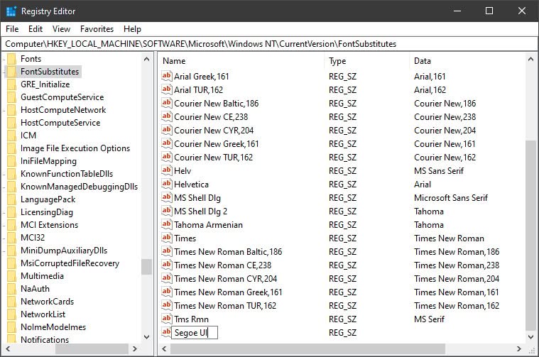 Create a value for Segoe UI in FontSubstitutes to change the Windows 10 interface font