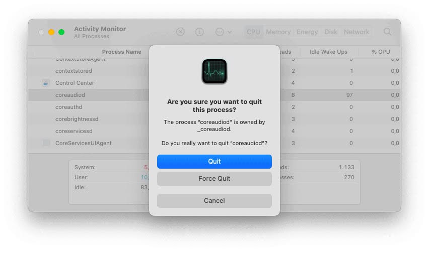 Force quit coreaudiod to fix locked volume on a Mac