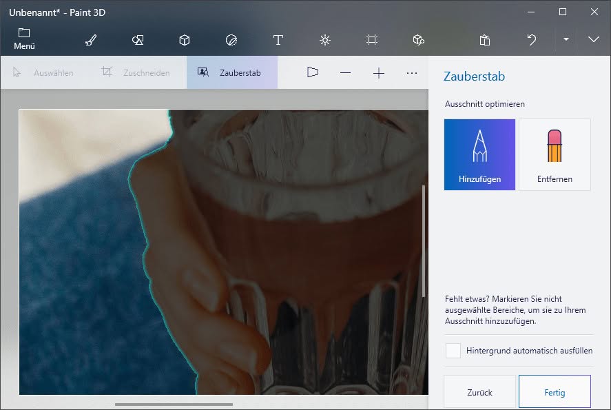 "Hintergrund automatische ausfüllen" ausschalten für transparent Paint 3D-Hintergrund
