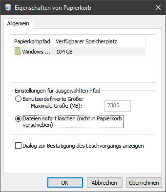 In Windows 10 immer ohne Papierkorb löschen