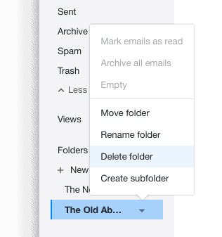 Delete a Yahoo Mail folder with its context menu in a desktop browser