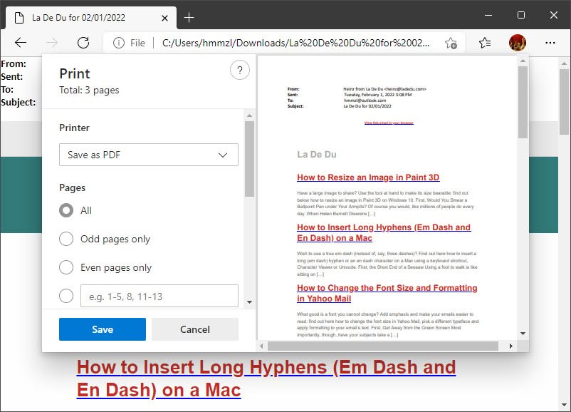 Print the Outlook email as a PDF file in Edge