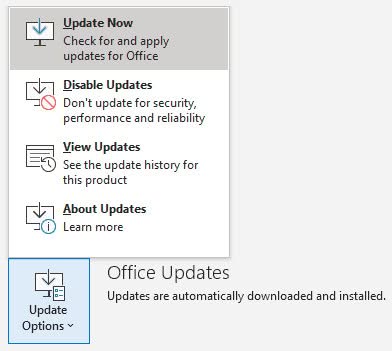 Select "Update Now" to check for Outlook updates