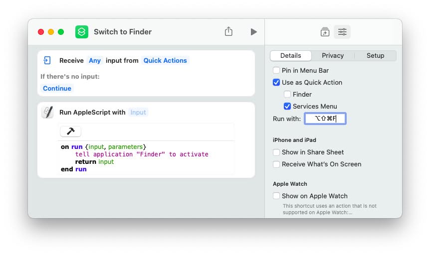 Create a custom keyboard shorcut for opening Finder with Shortcuts