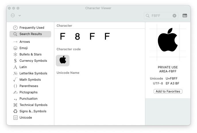 How to find the Apple logo symbol in Mac Character Viewer