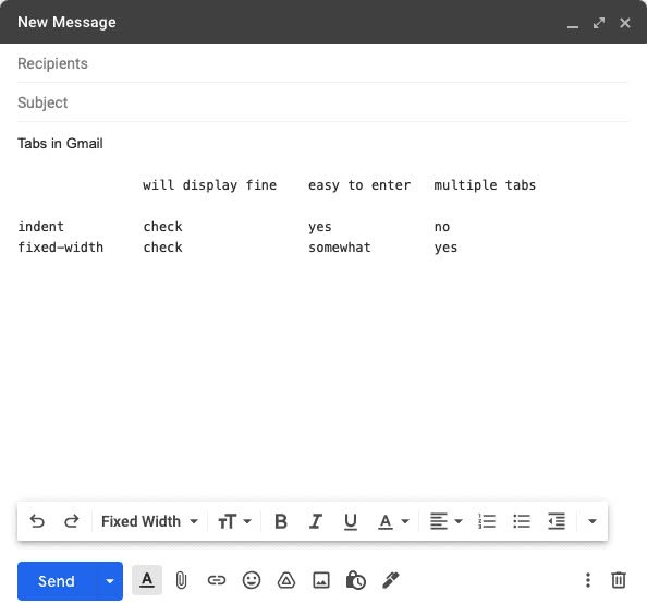 Inserting a tab with fixed widht in Gmail