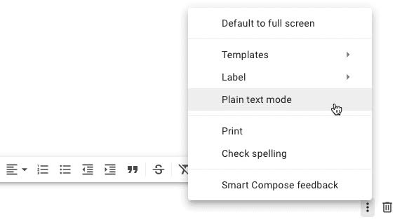 Select "Plain text mode" to send text-only emails from Gmail on the desktop