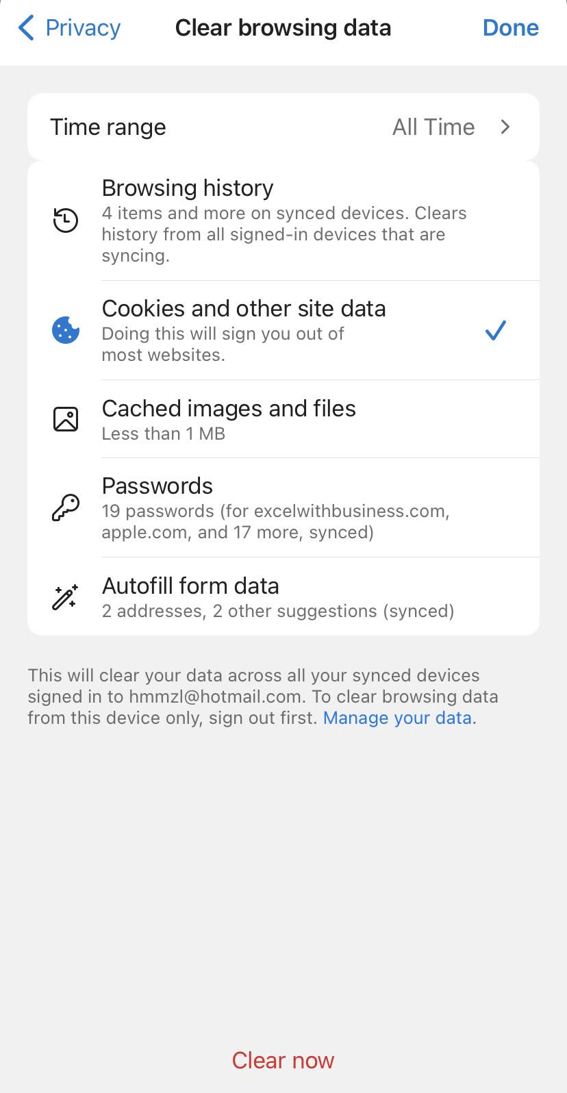 Clearing cookies in Microsoft Edge for iPhone
