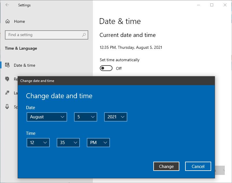 Enter the desired date and time to manually set it in Windows 10