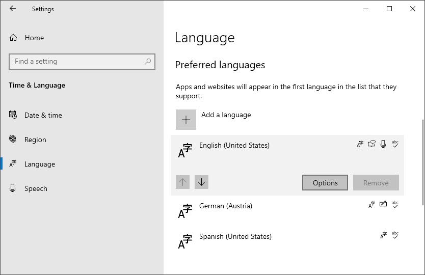 Open language settings in Windows 10 to add a keyboard layout