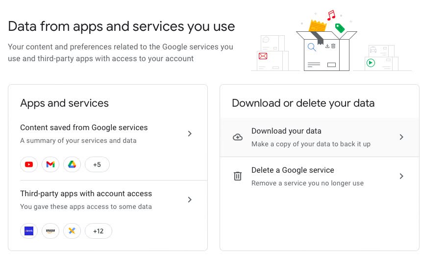 Select “Download your data” to start downloading all your Gmail emails