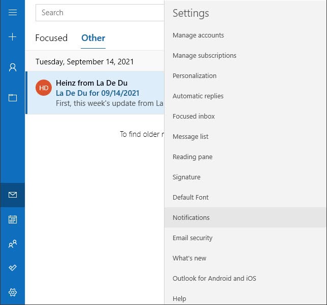 Go to “Notifications” settings in Windows Mail
