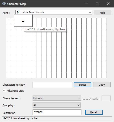 Highlight the no-break hyphen in Windows Character Map