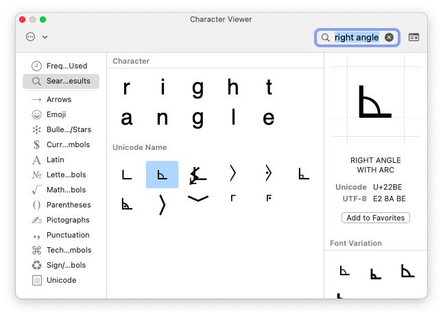 Insert a right angle symbol using Mac Character Viewer