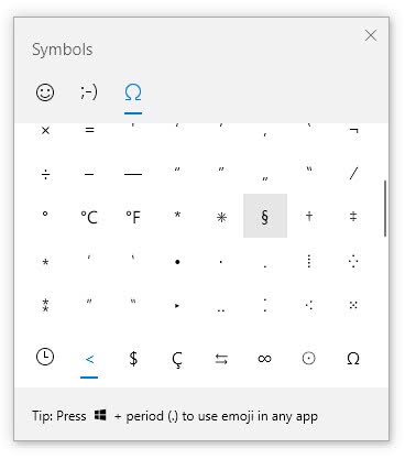Insert the Section Symbol on Windows using the Emoji Panel