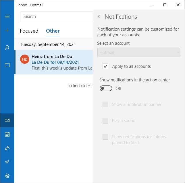 Turn off Notifications in Mail for Windows 10