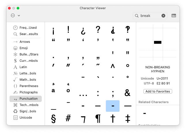 Use Character Viewer to insert a non-breaking hyphen on a Mac