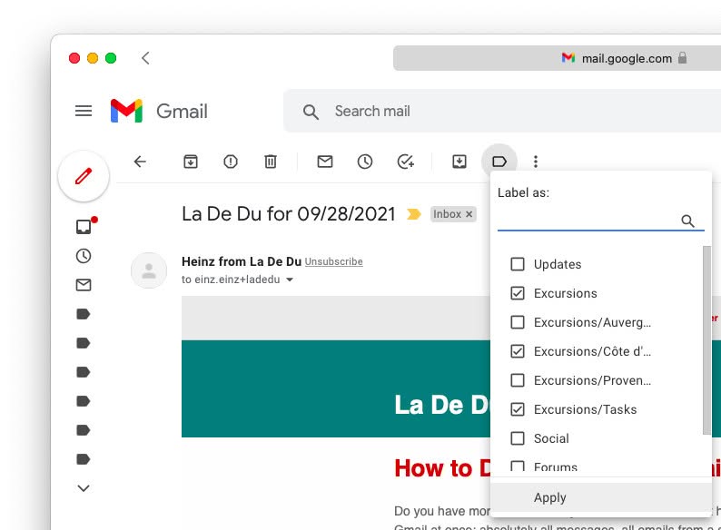 Copy an email in Gmail using the “Labels” menu