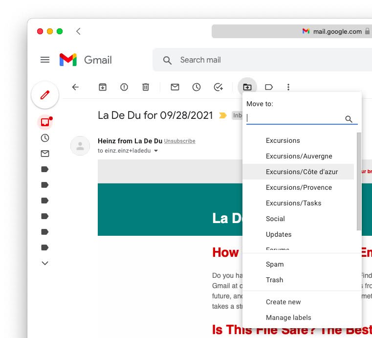 Move an email to a Gmail folder with the Move to menu
